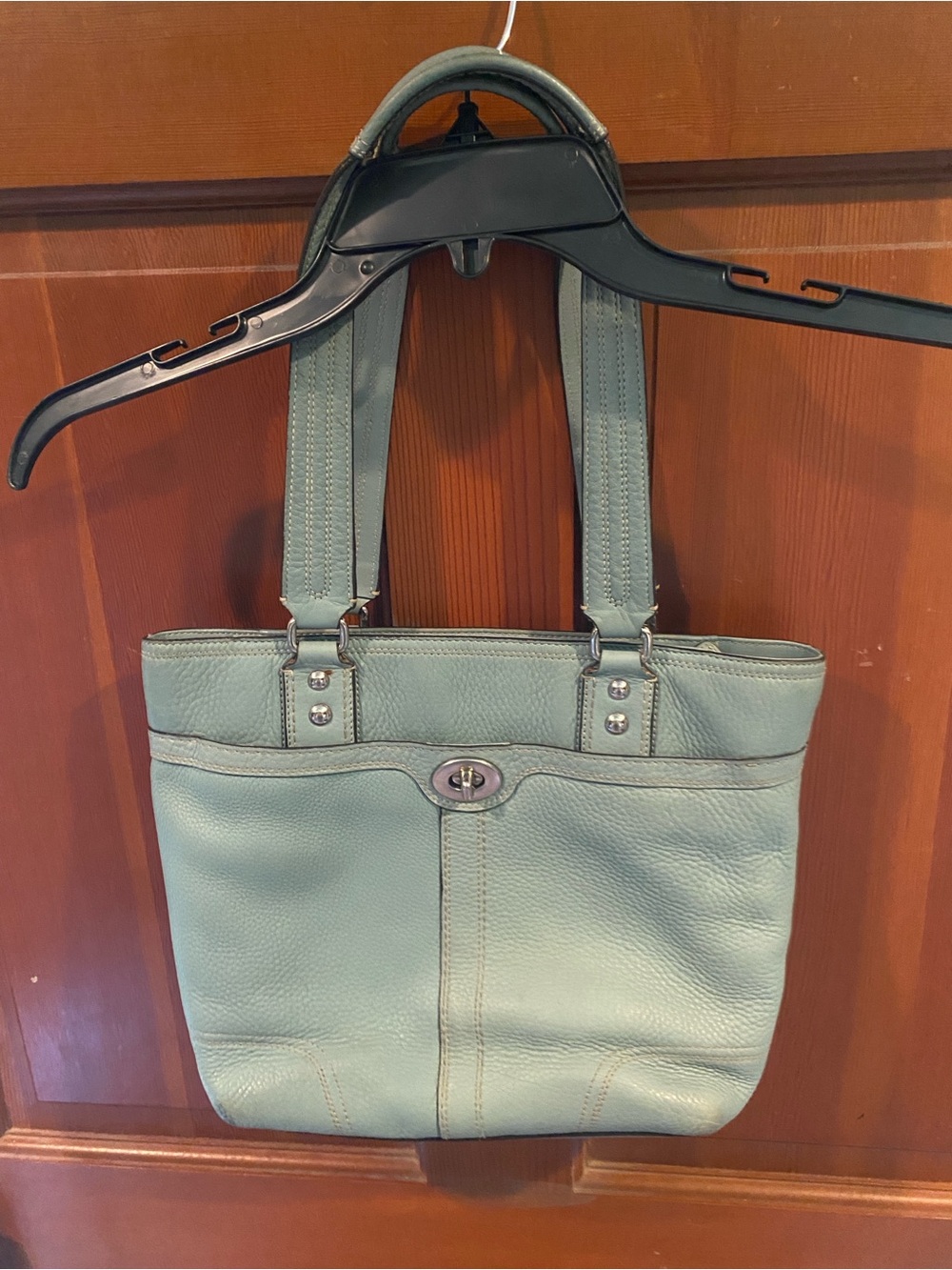 Coach Pebble Leather Tote Handbag in Light Teal Blue